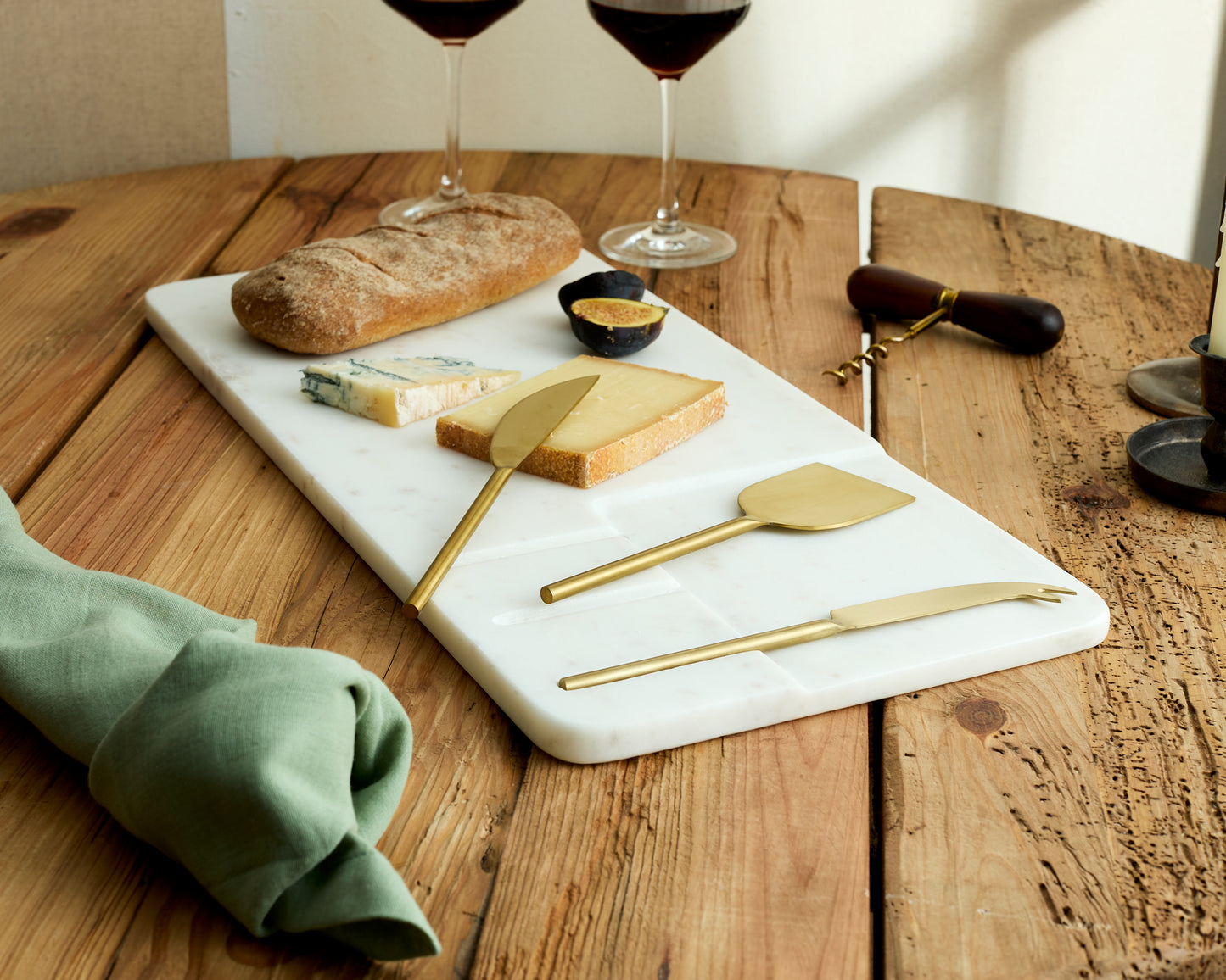 Polished White Marble Cheese and Charcuterie Board with Cheese Cutlery Set in Stainless Steel from What a Host Home