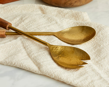 Modern Rustic Brass and Wood Salad Server Set with Spoon and Fork from What a Host Home