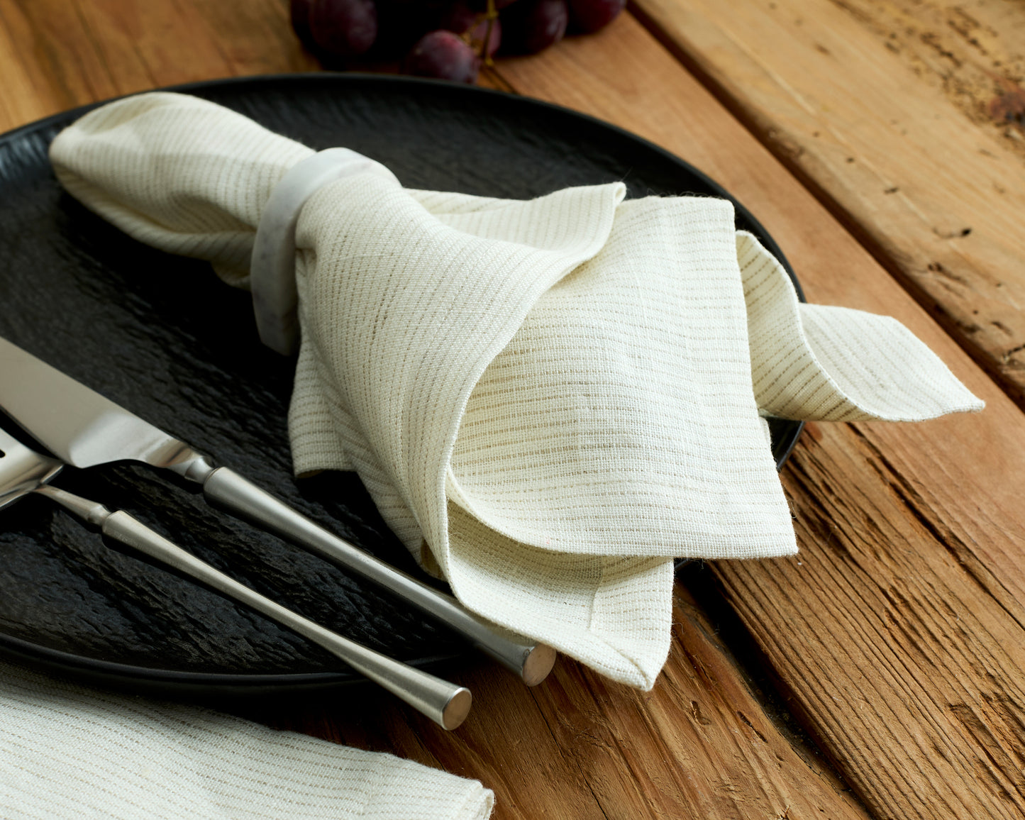 Washed Linen Table Napkin Set in White with Lines Pattern from What Host Home