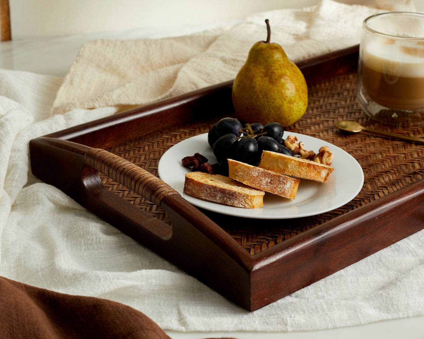 Rustic Modern Rectangle Serving and Decorative Tray With Handles made of Rattan and Acacia Wood from What a Host Home