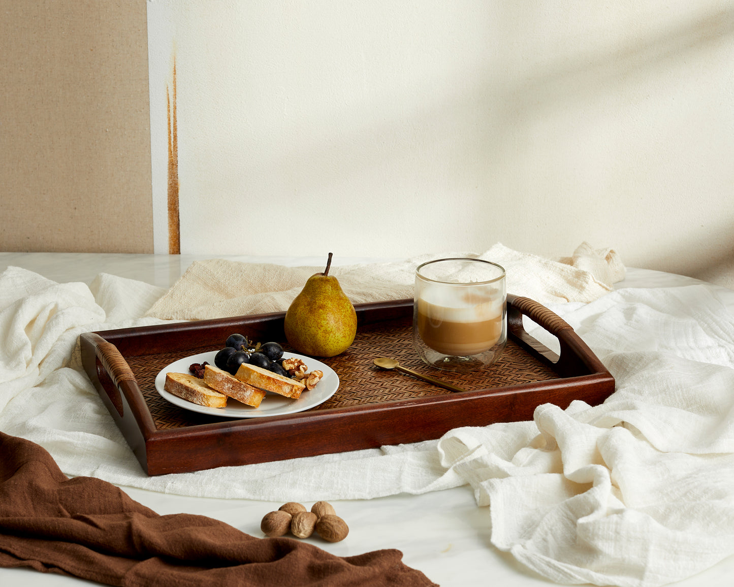 Rustic Modern Rectangle Serving and Decorative Tray With Handles made of Rattan and Acacia Wood from What a Host Home