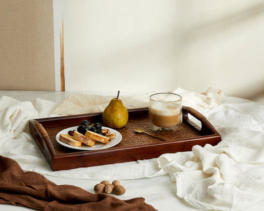 Rustic Modern Rectangle Serving and Decorative Tray With Handles made of Rattan and Acacia Wood from What a Host Home