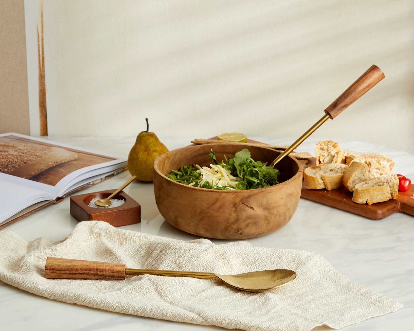 Modern Rustic Brass and Wood Salad Server Set with Spoon and Fork from What a Host Home