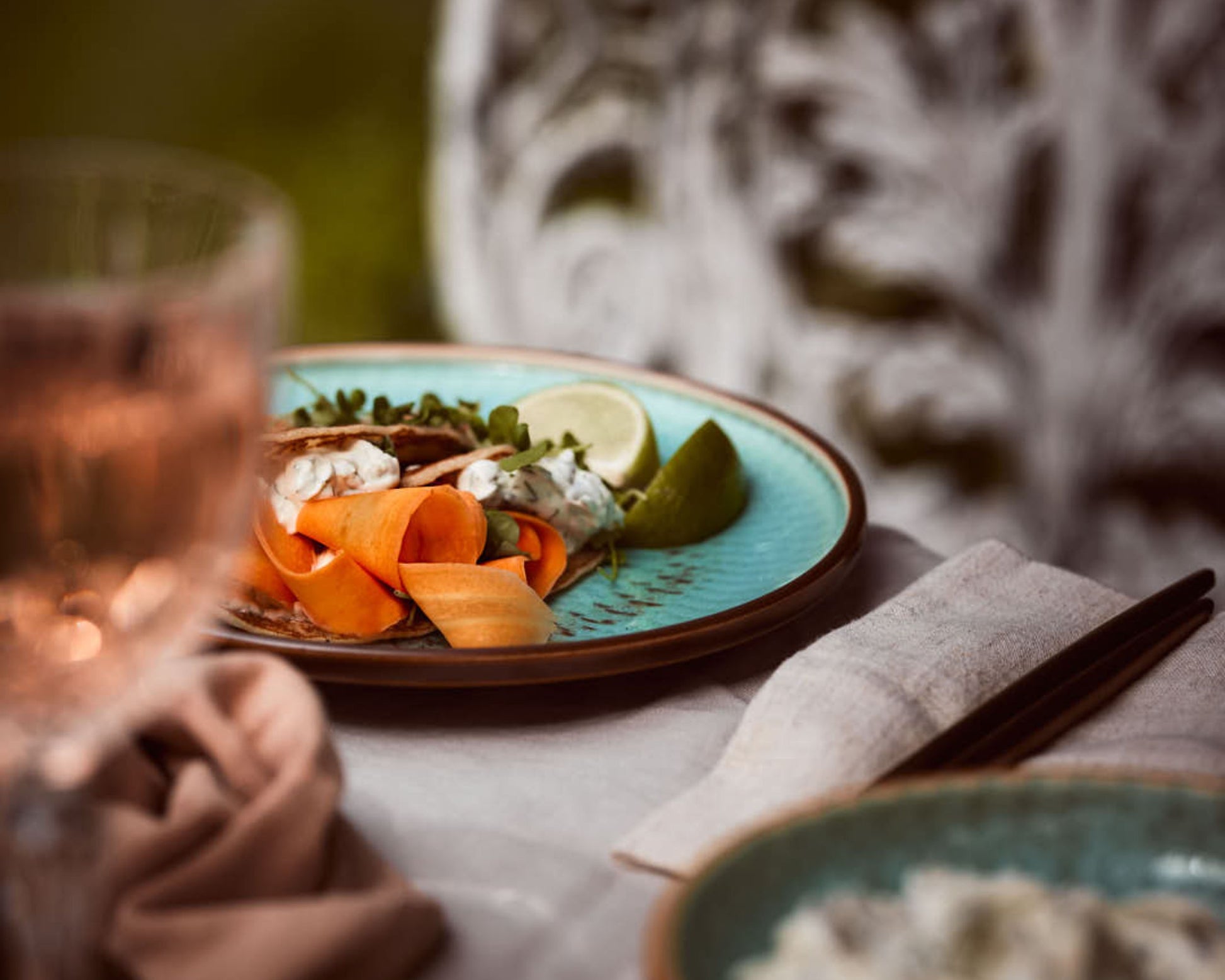 Porcelain Round Dinner Plate in Blue and Green with Brown Spirals. High Quality Restaurant dishwasher and microwave safe Tableware from What a Host Home Decor