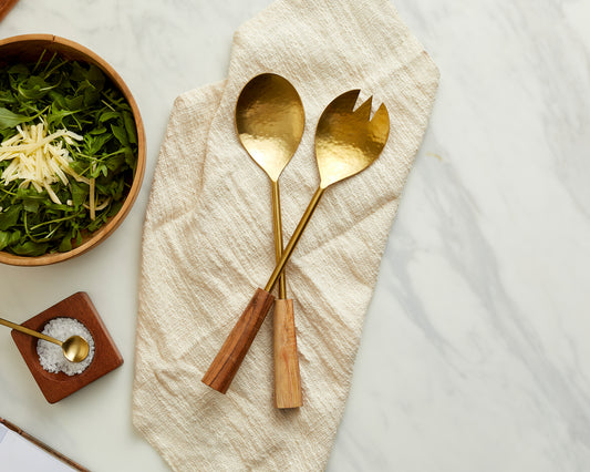 Modern Rustic Brass and Wood Salad Server Set with Spoon and Fork from What a Host Home