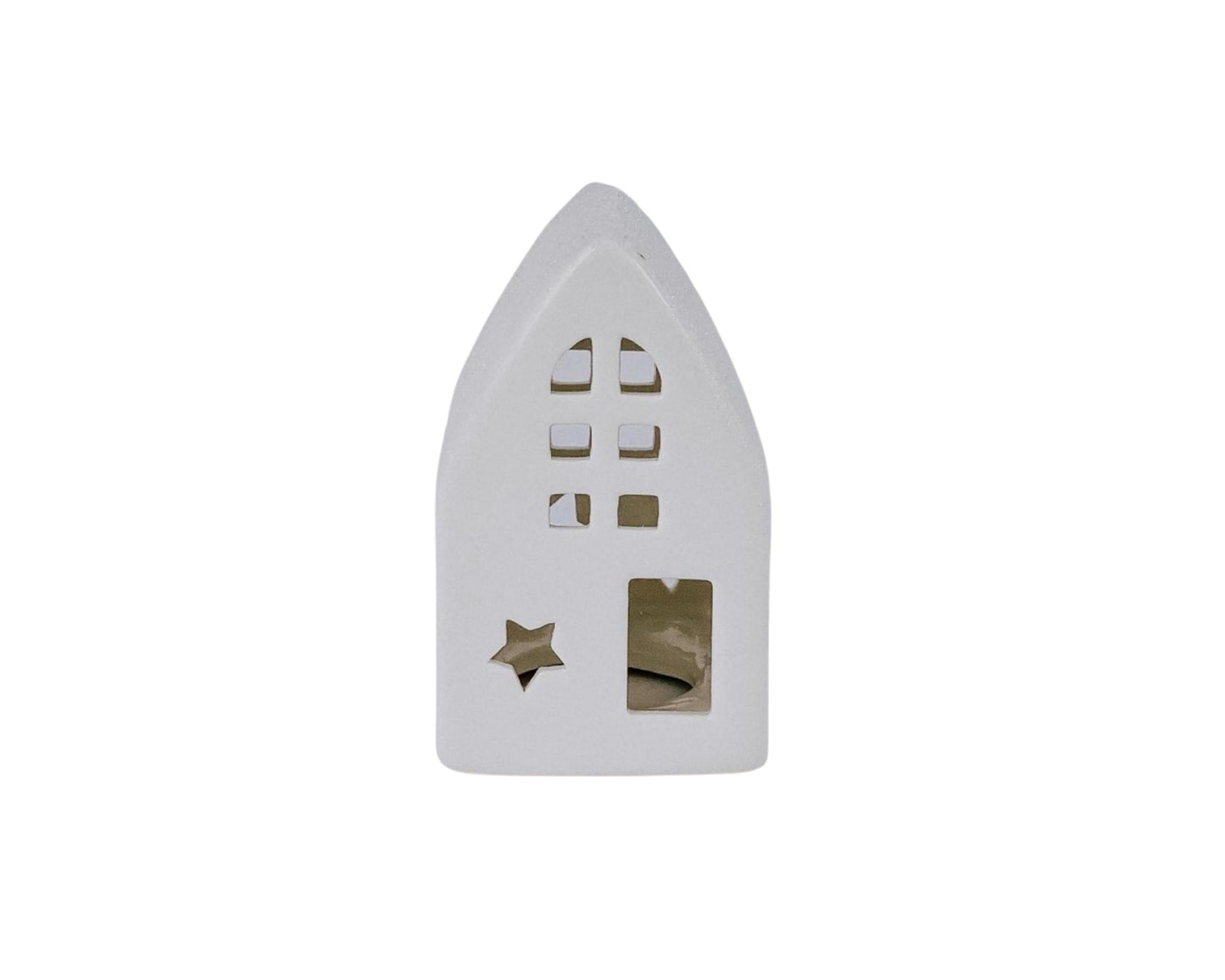Christmas White Scandi House Candle Holder from What a Host Home Decor. Seasonal Table Decor.