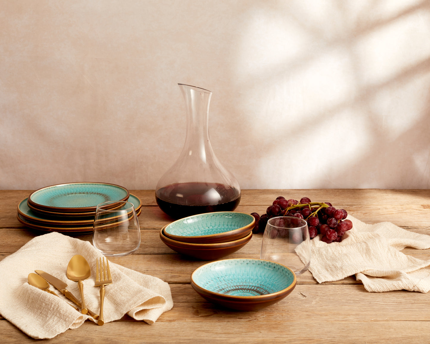 Porcelain Round Dinner Plate in Blue and Green with Brown Spirals. High Quality Restaurant dishwasher and microwave safe Tableware from What a Host Home Decor