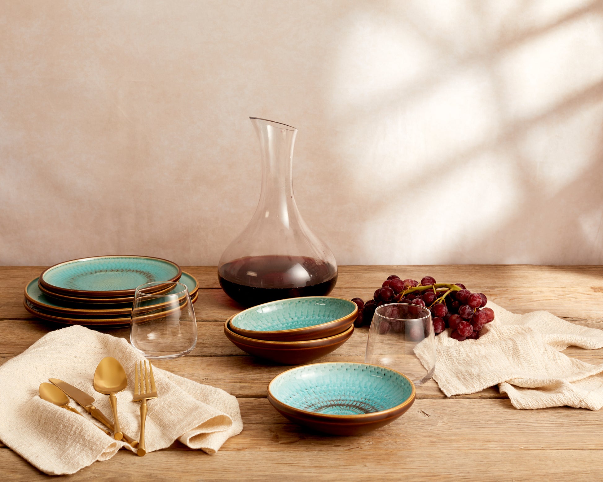 Porcelain Round Dinner Plate in Blue and Green with Brown Spirals. High Quality Restaurant dishwasher and microwave safe Tableware from What a Host Home Decor