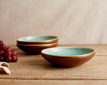 Porcelain Round Bowl in Blue and Green with Brown Spirals. High Quality Restaurant dishwasher and microwave safe Tableware from What a Host Home Decor