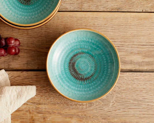 Porcelain Round Bowl in Blue and Green with Brown Spirals. High Quality Restaurant dishwasher and microwave safe Tableware from What a Host Home Decor