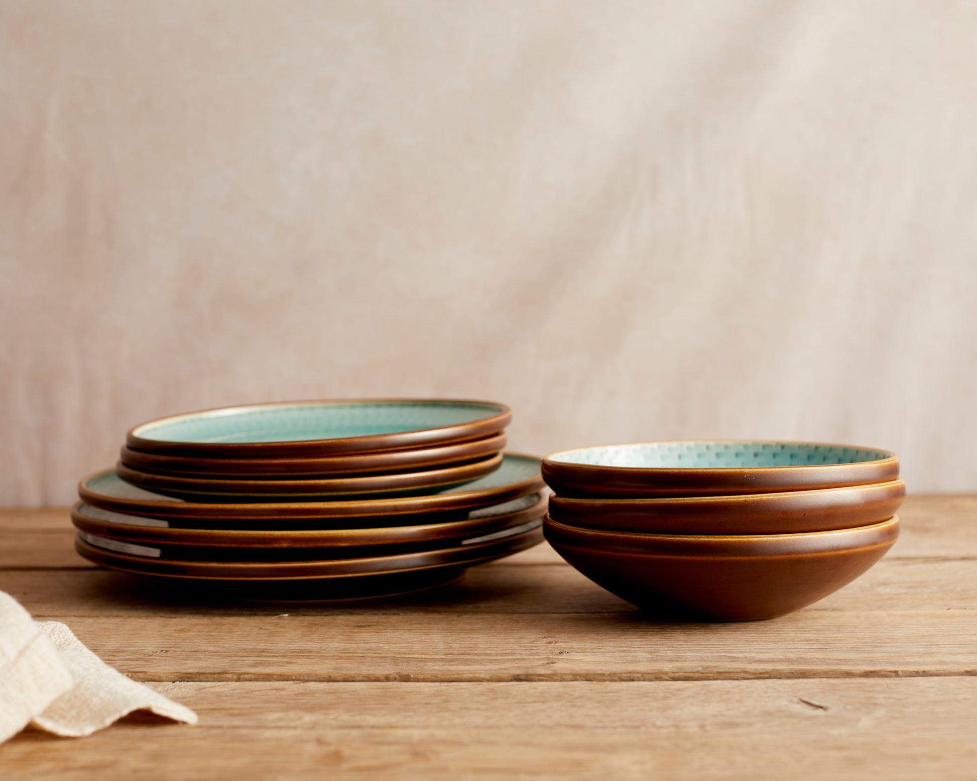 Porcelain Round Dinner Plate in Blue and Green with Brown Spirals. High Quality Restaurant dishwasher and microwave safe Tableware from What a Host Home Decor