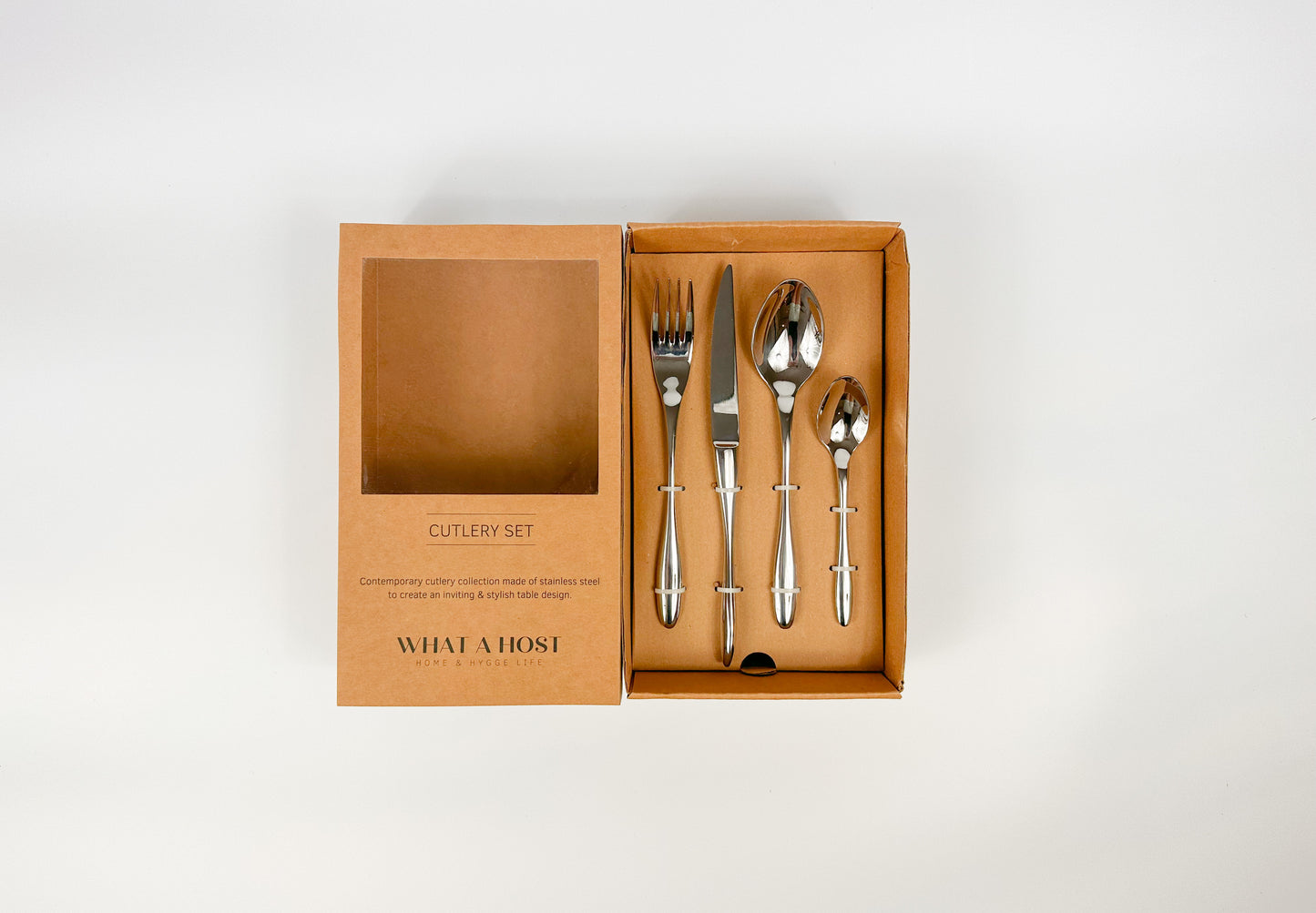 Silver Stainless Steel Cutlery Set, fork, knife, soup spoon, dessert spoon. Restaurant quality flatware from What a Host Home Decor