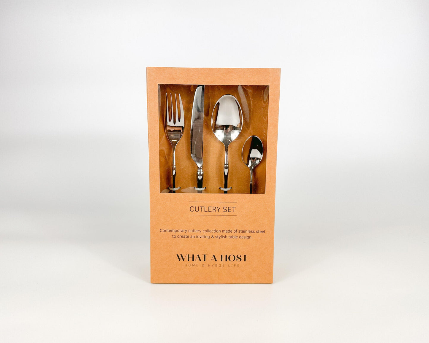 Silver Stainless Steel Cutlery Set, fork, knife, soup spoon, dessert spoon. Restaurant quality flatware from What a Host Home Decor