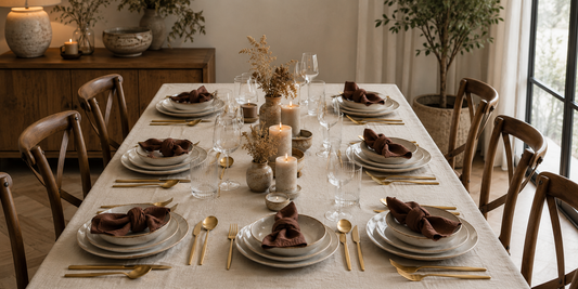 Rustic Modern Table Setting with Gold cutlery Stainless Steel, Brown Cotton gauze muslin napkins set, and ceramic round plates from What a Host Home