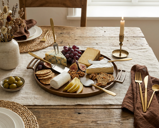 A beautifully arranged cheese board with various cheeses, fruits, and an Aline Cheese Knife Set.