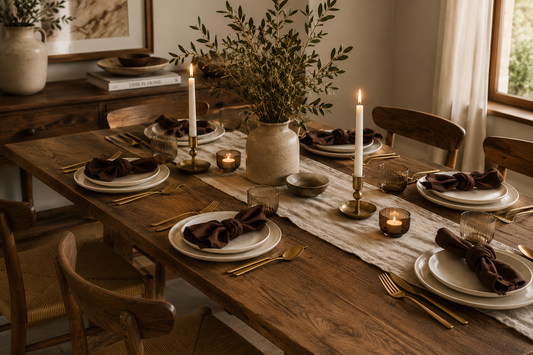What a Host Home: Tablescape Rustic Modern with Brown Cotton Napkins, Gold cutlery, and handcrafted candle holders as centrepiece