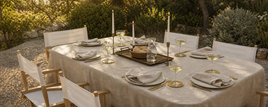 A beautifully set summer dining table for six with brass accents and natural light