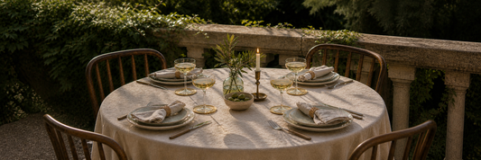 What a Host Home: Tablescape Outdoor Al fresco with gold coasters, handcrafted candle holder with taper candle and cotton gauze napkins