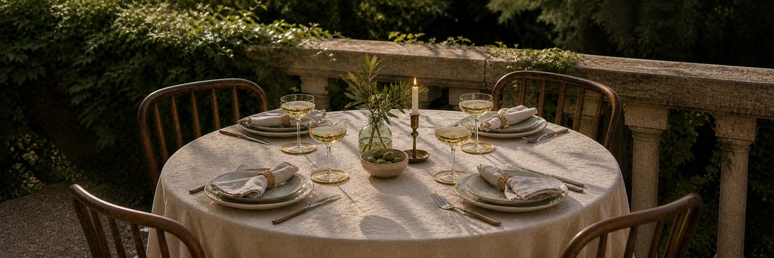 What a Host Home: Tablescape Outdoor Al fresco with gold coasters, handcrafted candle holder with taper candle and cotton gauze napkins