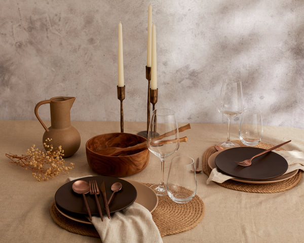 Autumn Tablescape from What a Host Home Decor. Oval Jute Placemats, Ceramic Plates Set, Stainless Steel Cutlery Sets, Brass Antique Candle Holders and Linen Napkins