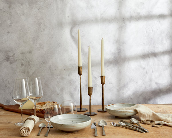 What a Host Home: Rustic Tablescape Design with Brass Gold Candelabra, cotton napkins set, Silver Stainless Steel Cutlery Sets and Brass Gold Rustic Napkin Rings Set