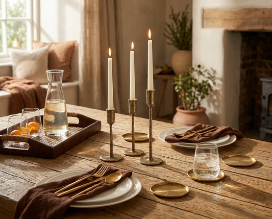 Gold Candle Holders, Gold Cutlery Set Stainless Steel, Rectangular Tray Rattan and Wood, and round brass gold coasters
