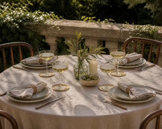What a Host Home: Outdoor Alfresco tablescape with round gold brass coasters
