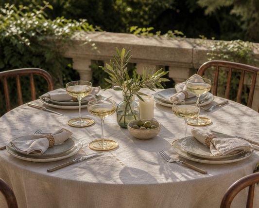 A close-up of round gold coasters in a modern outdoor alfresco tablescape