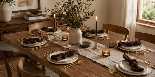 Rustic Modern Tablescape with gold cutlery, ceramic dinner plates, handcrafted candle holders, and natural fabric table textiles