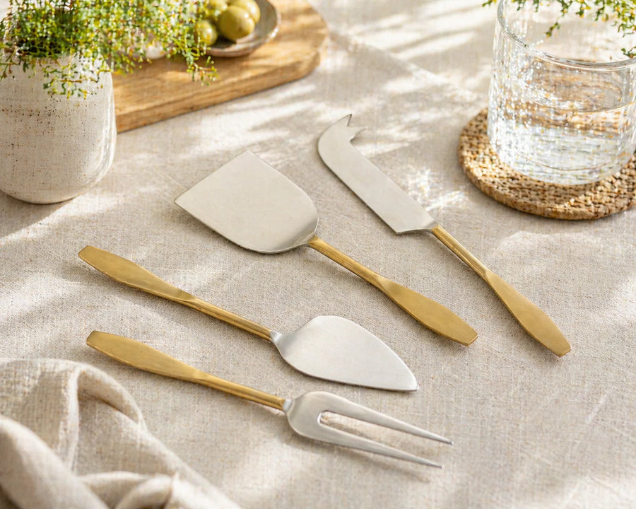 A beautiful cheese board with the Aline Cheese Cutlery Set, ready for guests.