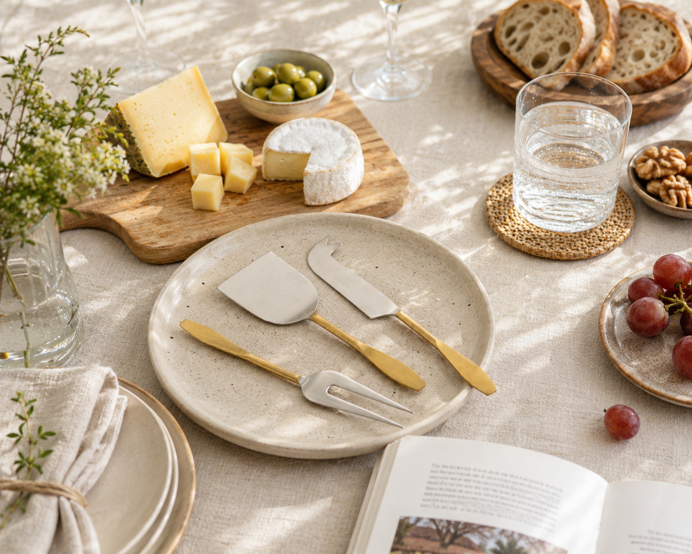 Close-up of a cheese board with a variety of cheeses, grapes, nuts, and a small bowl of honey.