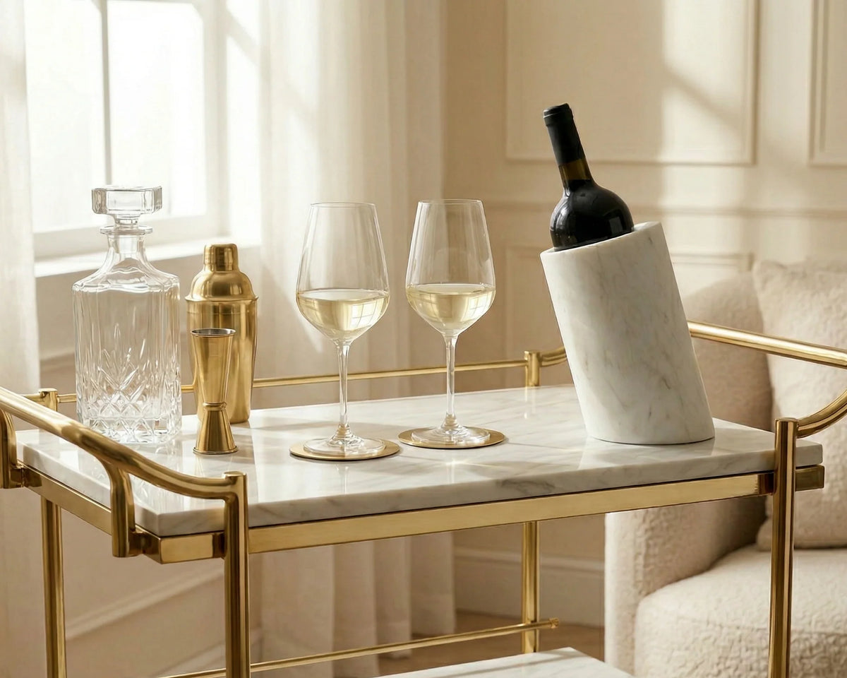 Brass coasters styled on a layered table setting