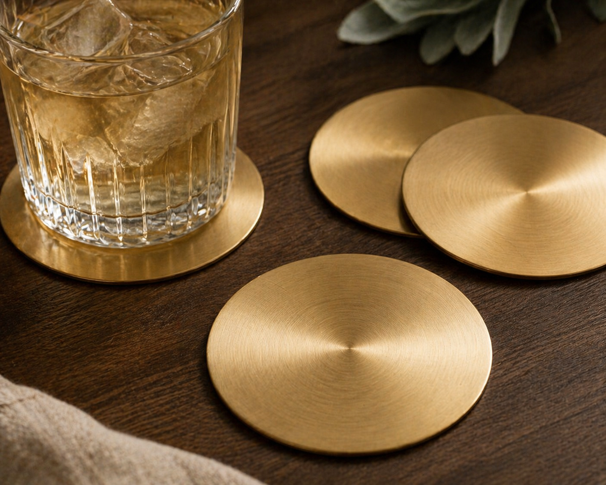 Brass Coasters – Set of 4 Brass Gold Round Drink Coasters