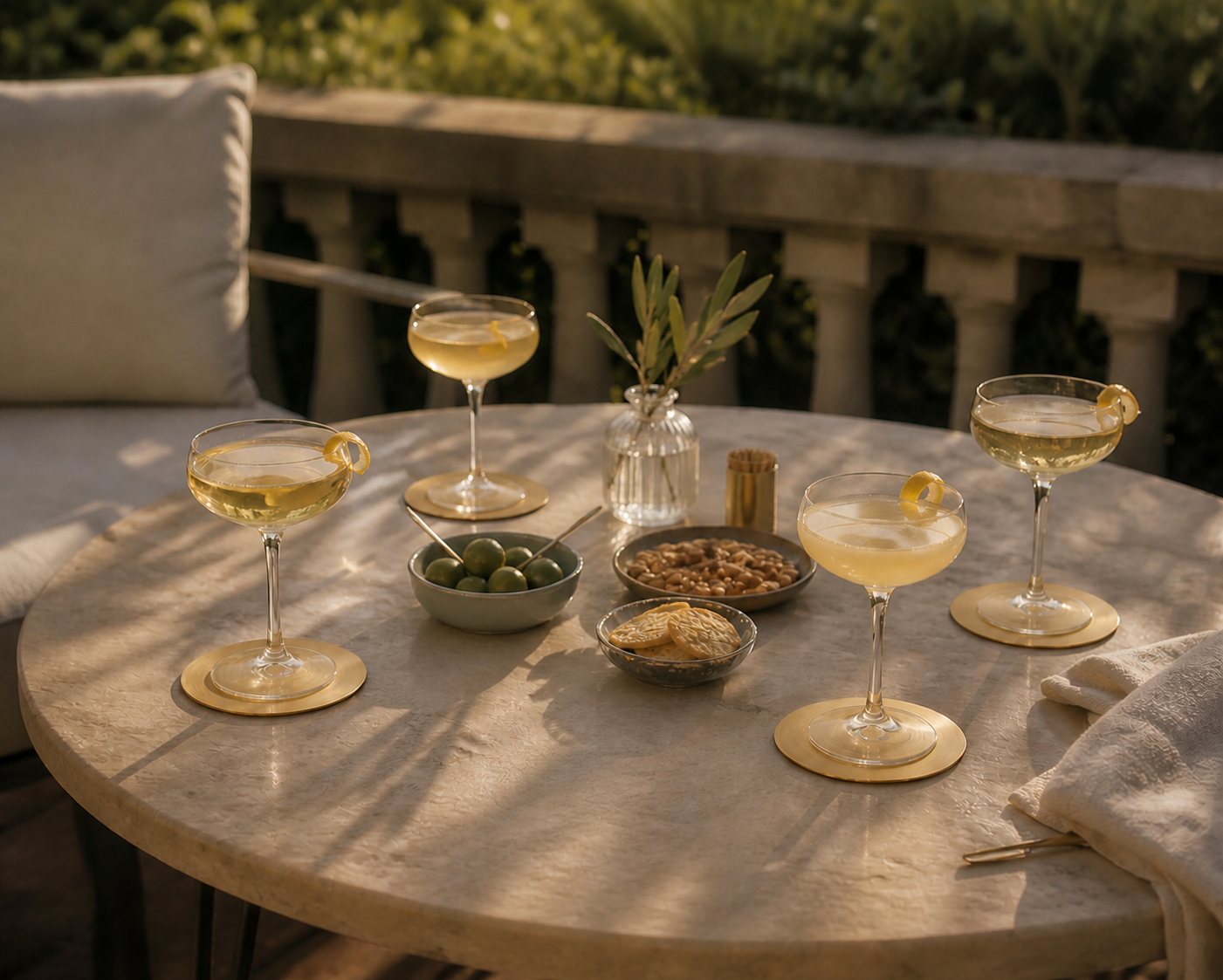 A close-up of a rustic marble table with a brass coasters and cocktails