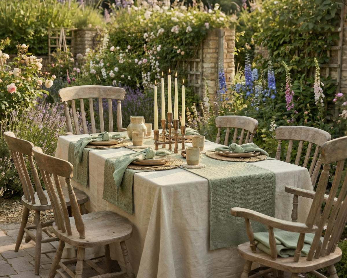 What a Host Home: Al fresco Tablescape Modern with sage Cotton Napkins, Gold cutlery, and a handcrafted candelabra of 5 holes for taper candles