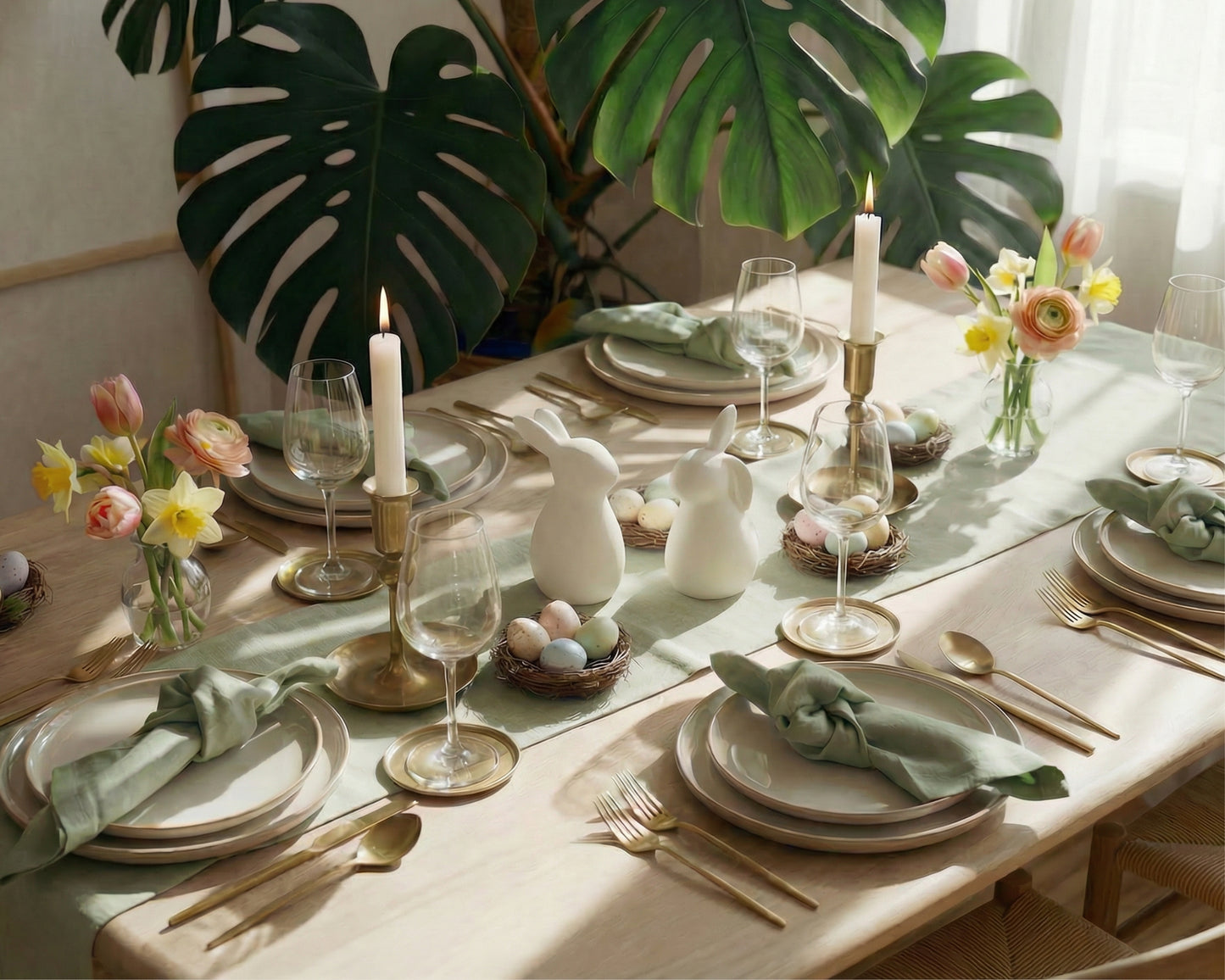 White ceramic bunnies over a Spring Easter Tablescape