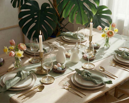 White ceramic bunnies over a Spring Easter Tablescape
