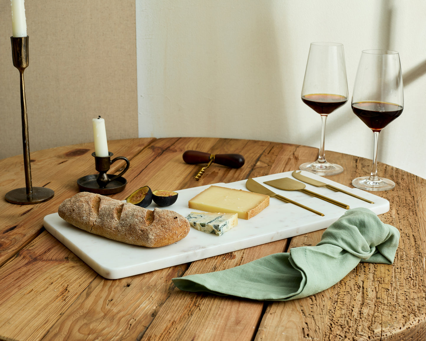 Polished White Marble Cheese and Charcuterie Board with Cheese Cutlery Set in Stainless Steel from What a Host Home