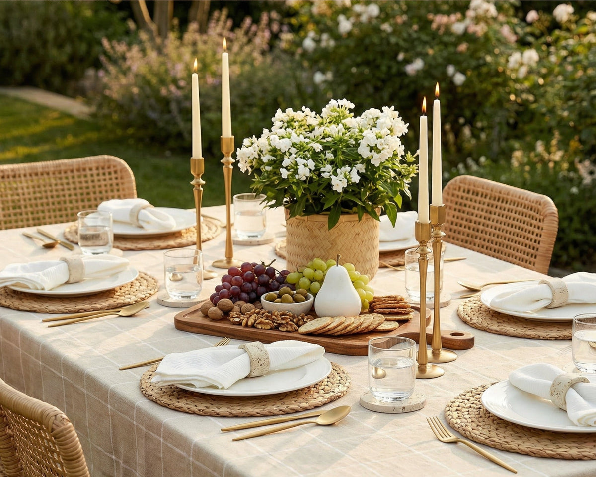 What a Host Home: Al fresco Tablescape Modern with White Cotton Napkins, Gold cutlery, and handcrafted candle holders as centrepiece