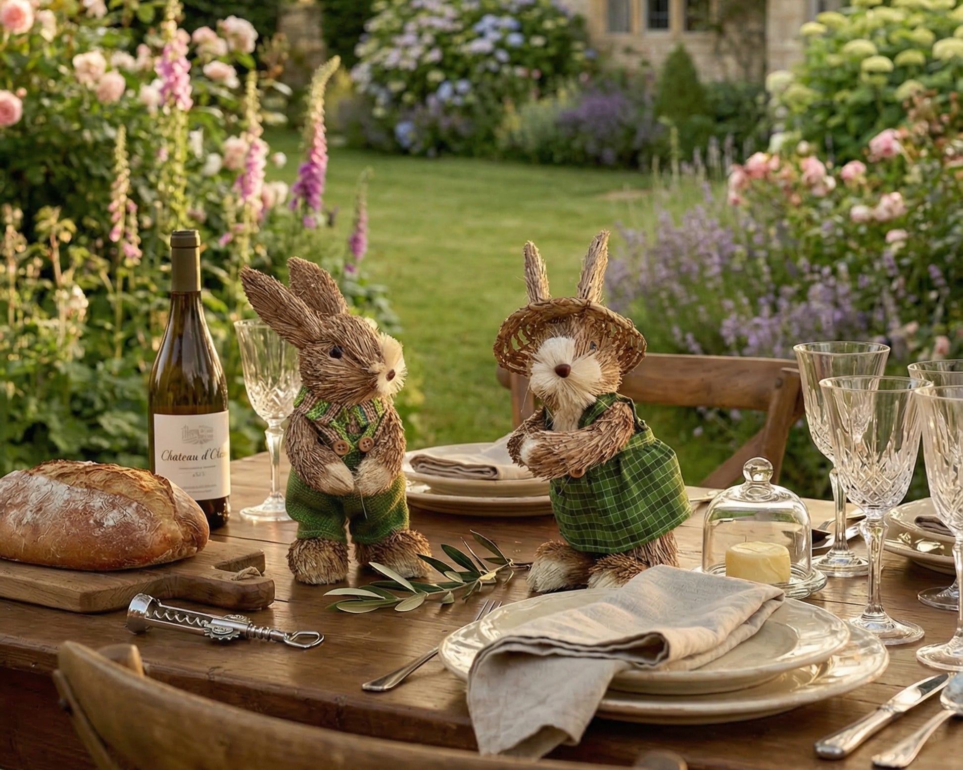 Decorative table setting with rabbit figurines, wine, and bread in a garden.
