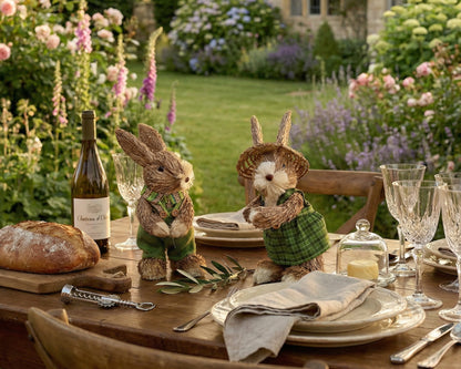 Decorative table setting with rabbit figurines, wine, and bread in a garden.