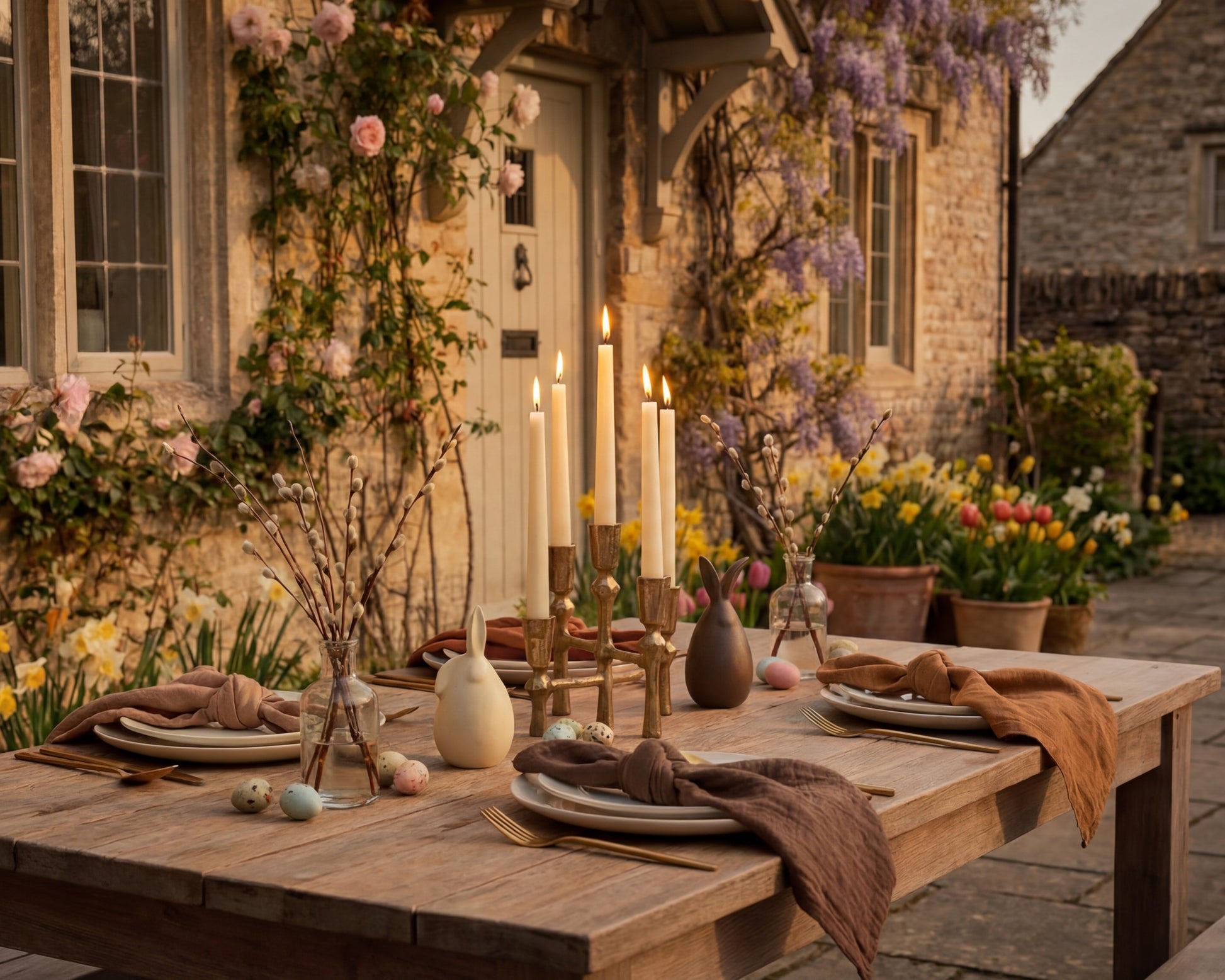 Outdoor dining table set with candles and flowers in a garden setting with a set of ceramic bunnies from What a Host Home