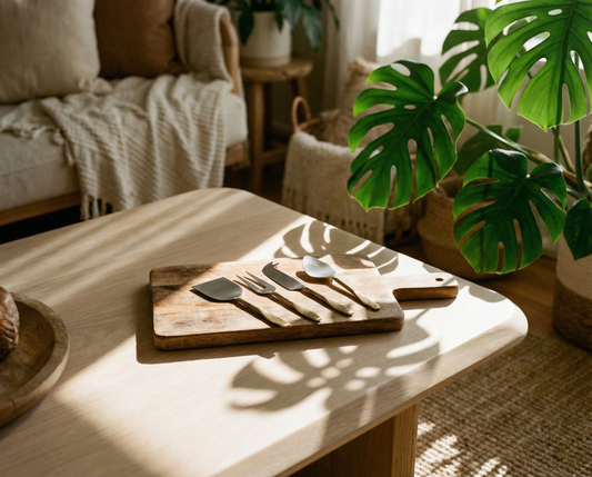 Wooden cutting board with cheese cutleruy utensils on a table in a sunlit room with plants