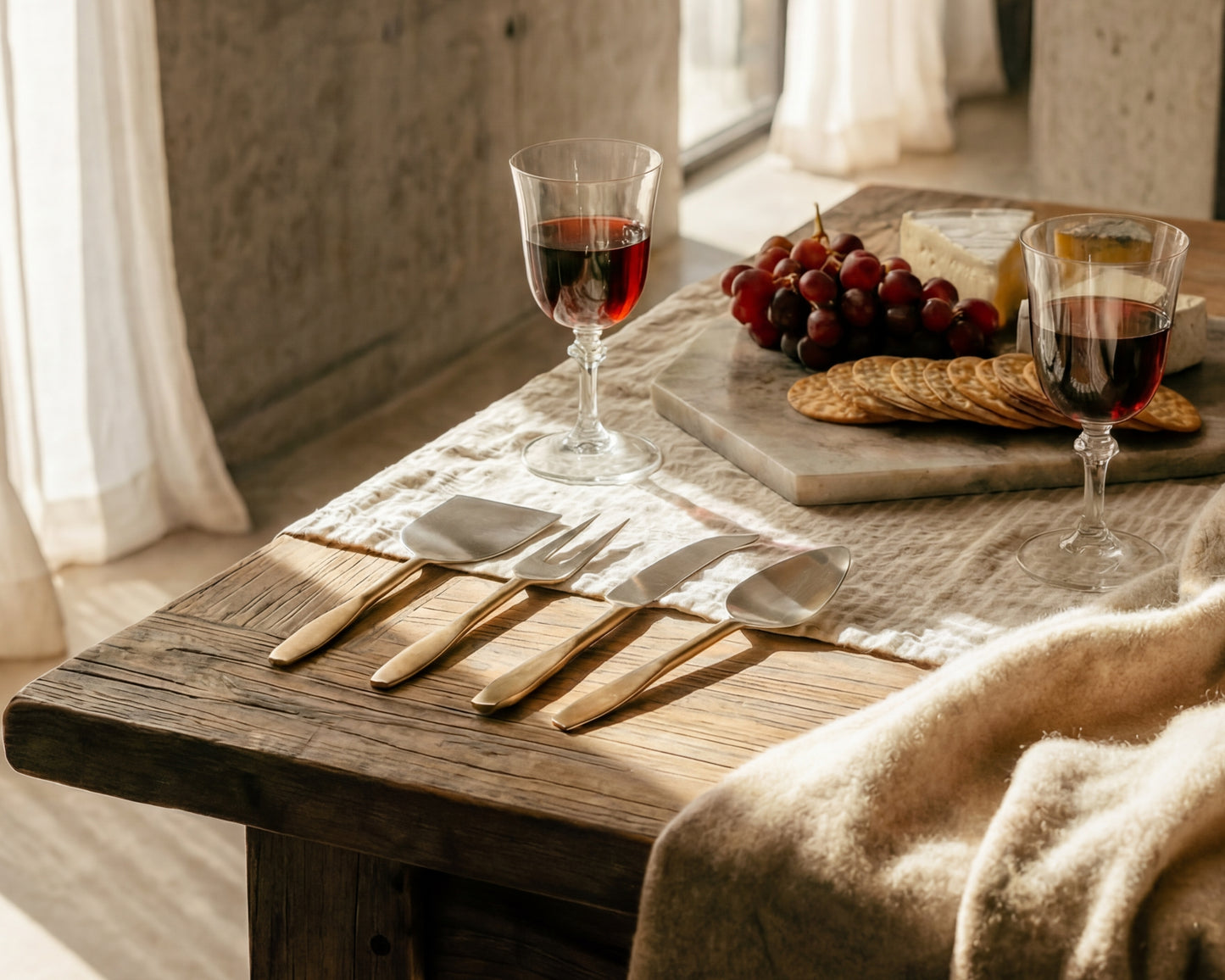 cheese cutlery utensils set on a table in a sunlit room
