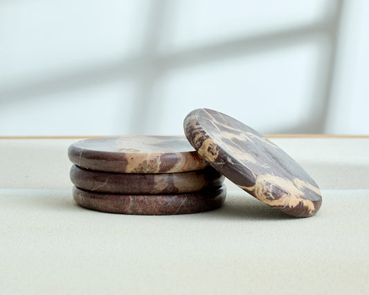 Modern Round Shape Rosso Levanto Polished Marble Coasters from What a Host Home