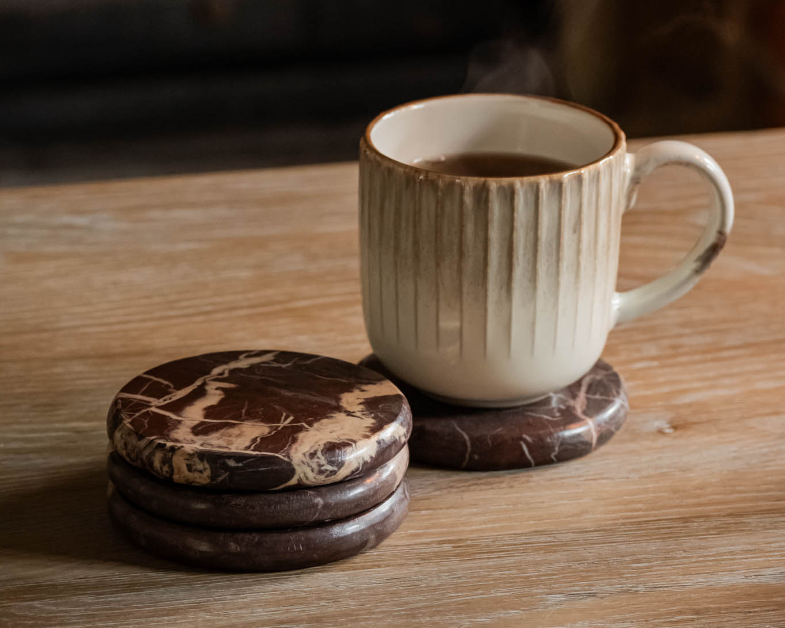 Modern Round Shape Rosso Levanto Polished Marble Coasters from What a Host Home