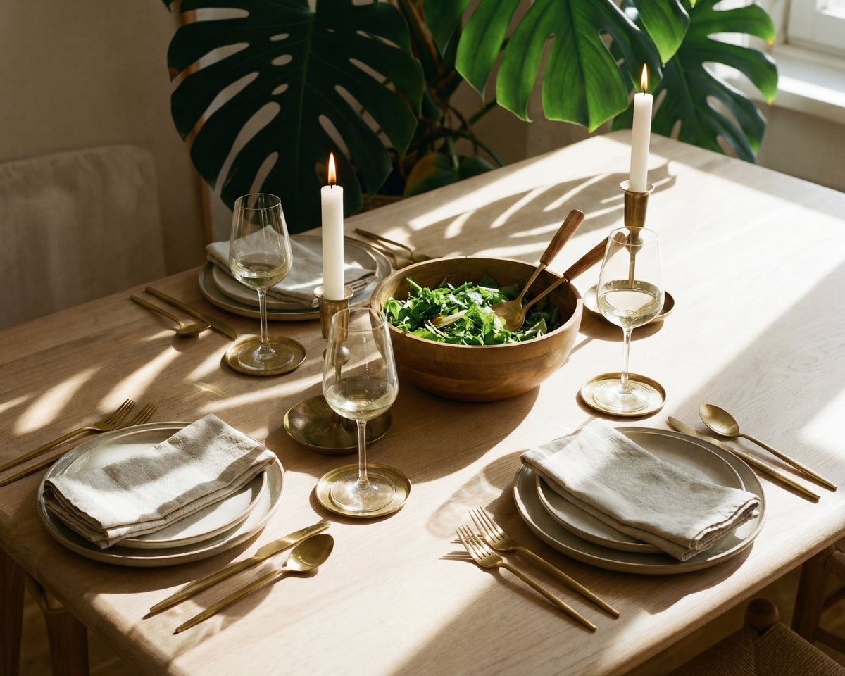 Close-up of brass coasters and gold homeware on a styled dining table