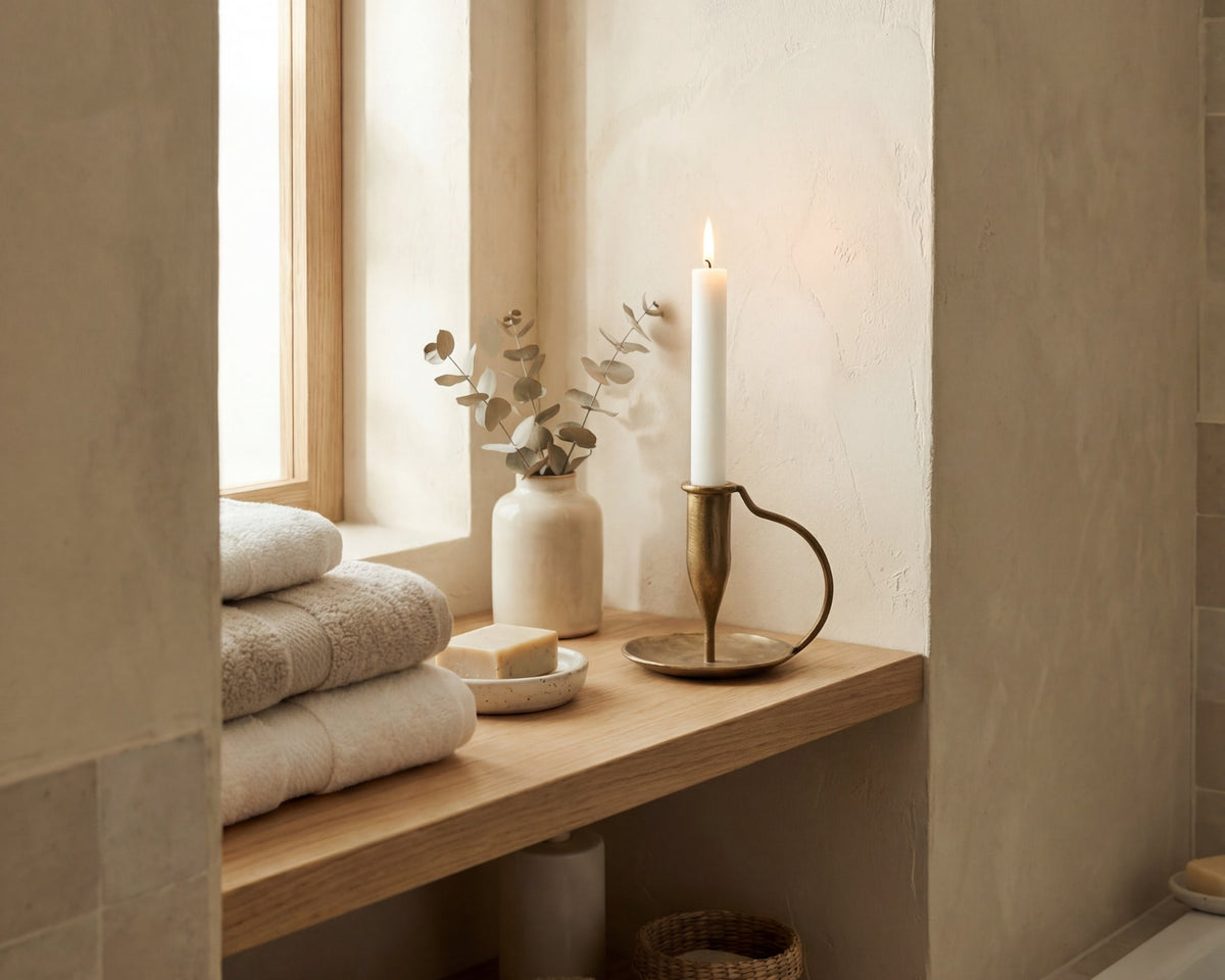 What a Host Home: Handcrafted Gold Candle Holder with Handle and taper candle in a modern rustic bathroom