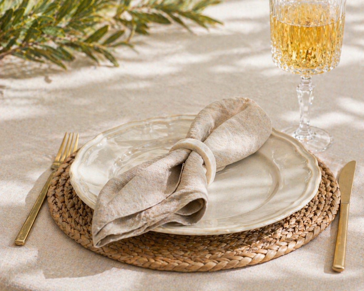What a Host Home: Modern Tablescape with a touch of Rustic with natural colour Napkins, Gold cutlery, and a handcrafted marble napkin ring in white