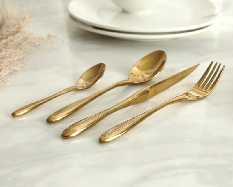 Gold Stainless Steel Cutlery Set, fork, knife, soup spoon, dessert spoon. Restaurant quality flatware from What a Host Home Decor
